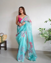 Heavy Beads Work Teal Pure Organza Saree